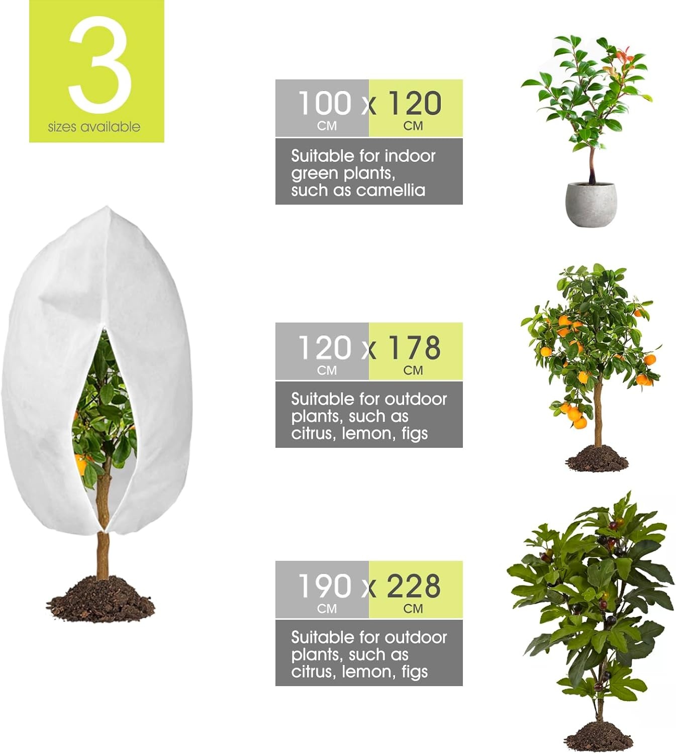 Winterbescherming voor planten, 190 x 228 cm, plantenbescherming, winter, buiten, vorstbescherming voor potplanten, met ritssluiting, trekkoord voor palmen, olijfboom, herbruikbaar wintervlies, 1