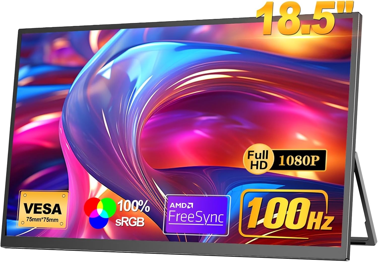18,5 inch mobiele monitor [100% sRGB, 100 Hz, FHD 1920x1080, HDR FreeSync, VESA-compatibel, USB Type-C/Mini-HDMI] compatibel met PS5/Switch/PC/Xbox, ideaal voor gaming thuiskantoor mobiel