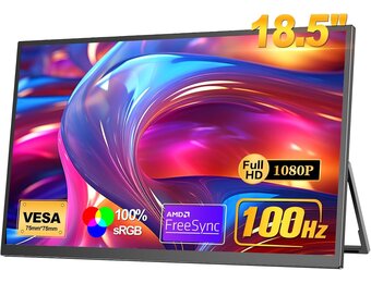 18,5 inch mobiele monitor [100% sRGB, 100 Hz, FHD 1920x1080, HDR FreeSync, VESA-compatibel, USB Type-C/Mini-HDMI] compatibel met PS5/Switch/PC/Xbox, ideaal voor gaming thuiskantoor mobiel