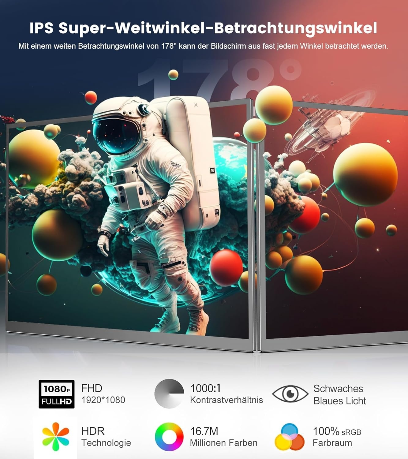 18,5 inch mobiele monitor [100% sRGB, 100 Hz, FHD 1920x1080, HDR FreeSync, VESA-compatibel, USB Type-C/Mini-HDMI] compatibel met PS5/Switch/PC/Xbox, ideaal voor gaming thuiskantoor mobiel