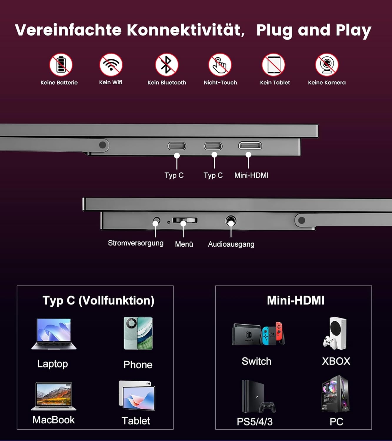 18,5 inch mobiele monitor [100% sRGB, 100 Hz, FHD 1920x1080, HDR FreeSync, VESA-compatibel, USB Type-C/Mini-HDMI] compatibel met PS5/Switch/PC/Xbox, ideaal voor gaming thuiskantoor mobiel