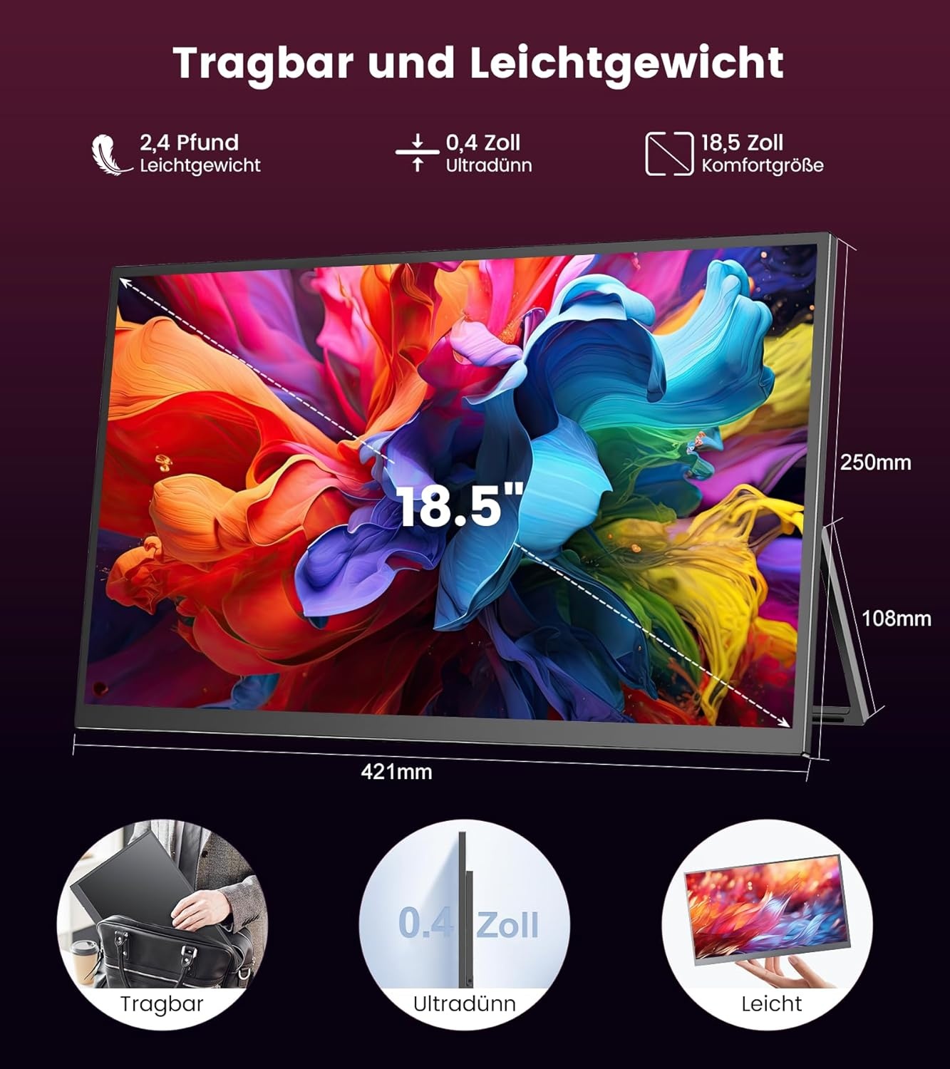 18,5 inch mobiele monitor [100% sRGB, 100 Hz, FHD 1920x1080, HDR FreeSync, VESA-compatibel, USB Type-C/Mini-HDMI] compatibel met PS5/Switch/PC/Xbox, ideaal voor gaming thuiskantoor mobiel