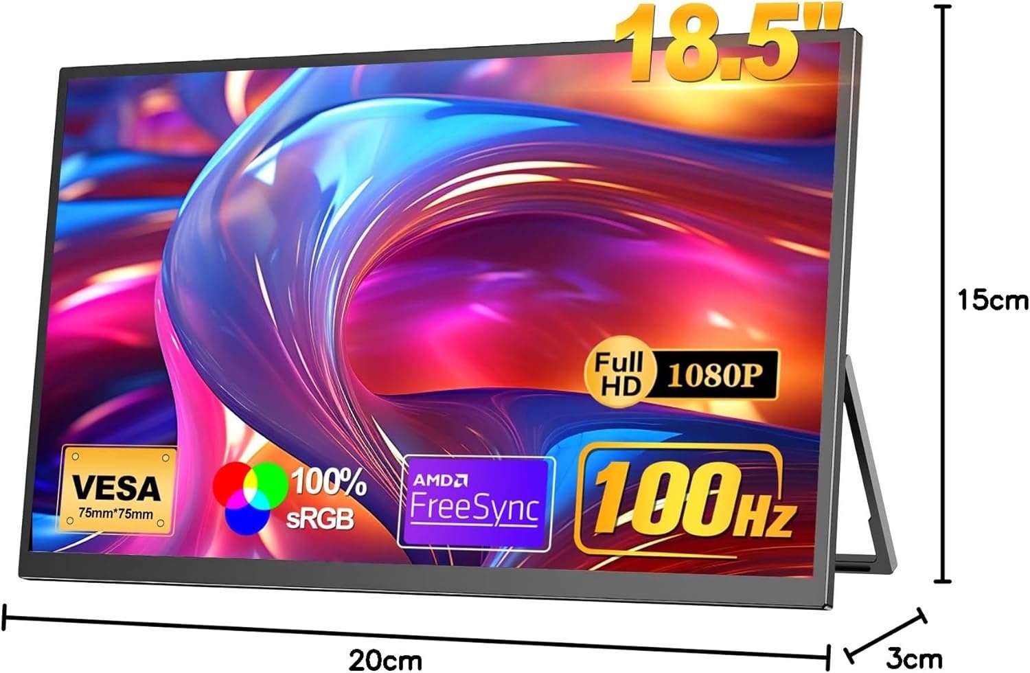 18,5 inch mobiele monitor [100% sRGB, 100 Hz, FHD 1920x1080, HDR FreeSync, VESA-compatibel, USB Type-C/Mini-HDMI] compatibel met PS5/Switch/PC/Xbox, ideaal voor gaming thuiskantoor mobiel