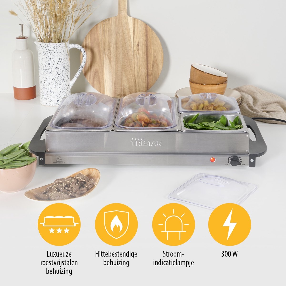 Tristar BP-6285 - Buffetwarmer 300W - Chafing dish - 2 x 2,4 Liter & 2 x 1 Liter - Incl deksel - RVS