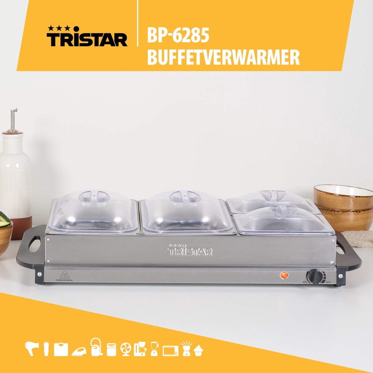 Tristar BP-6285 - Buffetwarmer 300W - Chafing dish - 2 x 2,4 Liter & 2 x 1 Liter - Incl deksel - RVS