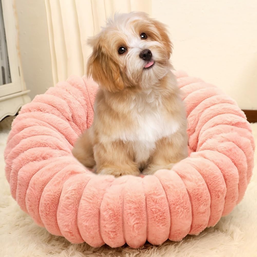 Klein hondenbed, kattenbed, wasbare huisdierzachte pluche kalmerende anti-angst donutbank met antislip bodem voor honden, katten, kittens en puppy's, 40 cm (roze)