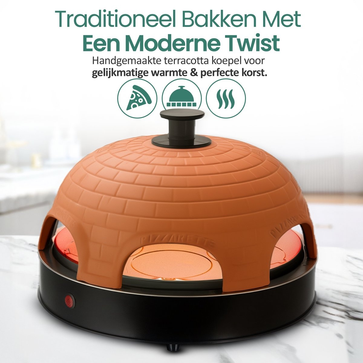Emerio Pizzarette Origineel - 6 Persoons Pizza Oven - Handgemaakte Terracotta Koepel - 6 Geïsoleerde Bakspatels - RVS Bakplaat - Gourmetstel met Cool touch koepel - PO-115984 1200W
