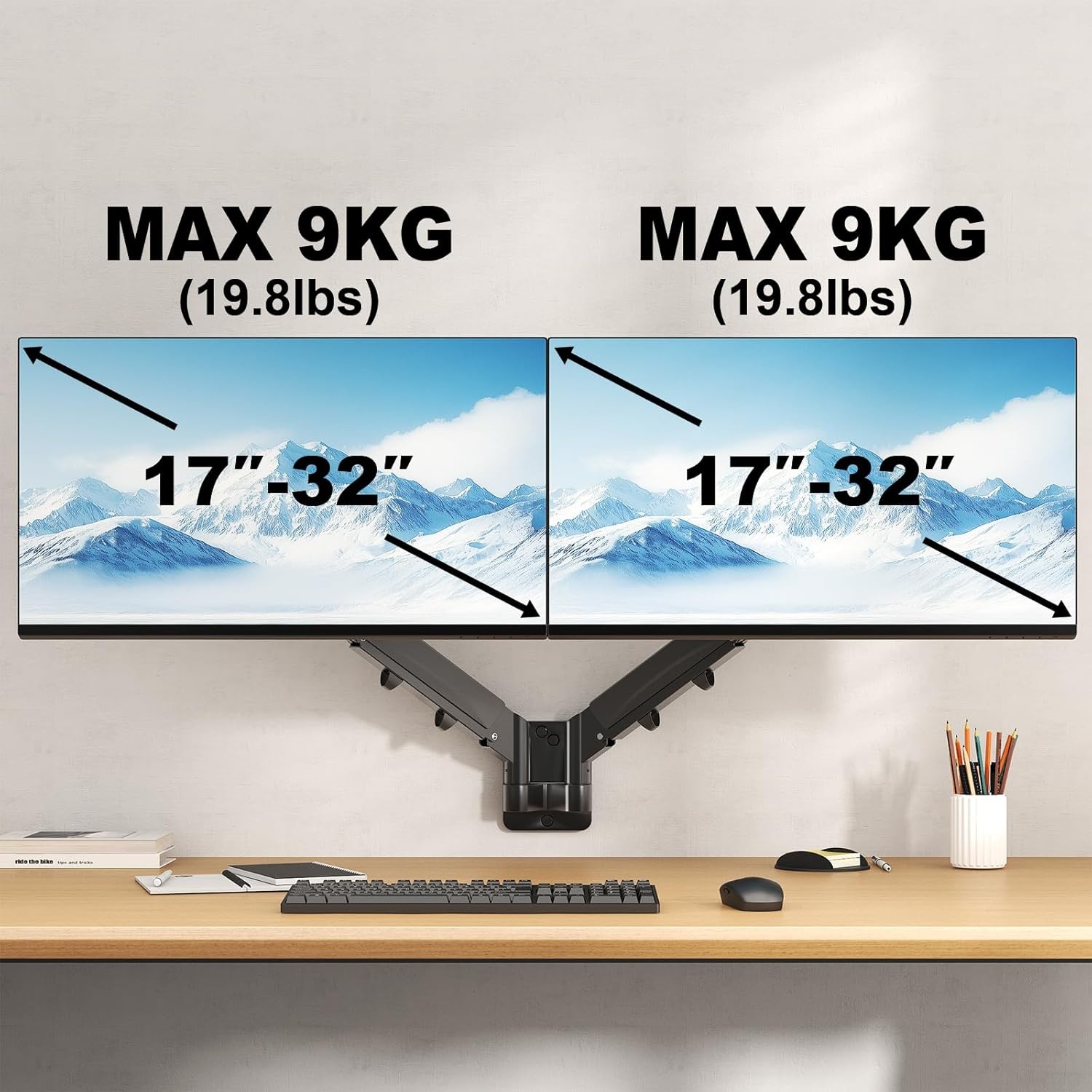 Monitorwandhouder, 2 monitoren voor 17-32 inch beeldscherm, monitorhouder, 2 monitoren, wand met in hoogte verstelbaar, kantelbaar, draaibaar, ondersteuning monitor tot 9 kg per arm, VESA 75 x 75/100