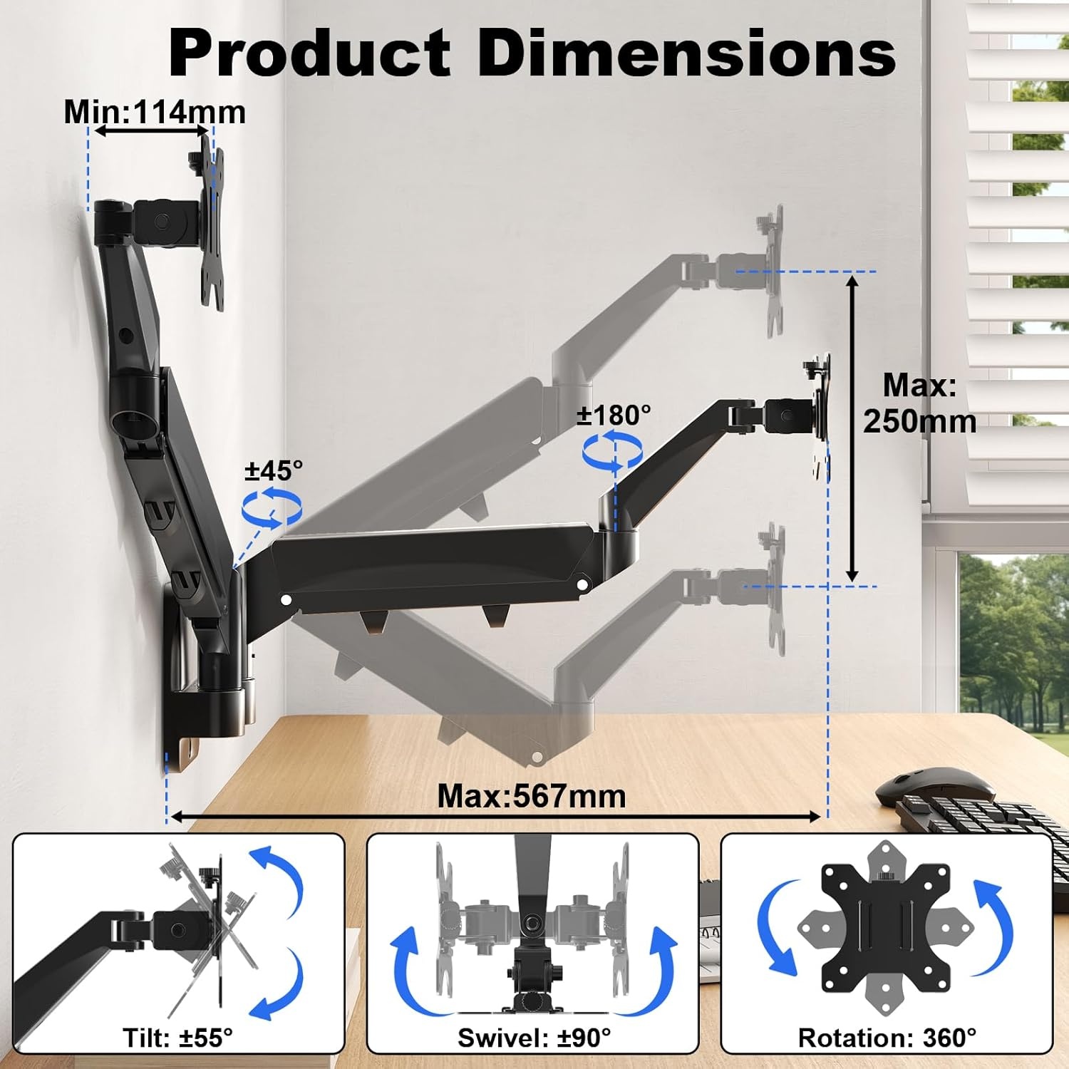 Monitorwandhouder, 2 monitoren voor 17-32 inch beeldscherm, monitorhouder, 2 monitoren, wand met in hoogte verstelbaar, kantelbaar, draaibaar, ondersteuning monitor tot 9 kg per arm, VESA 75 x 75/100