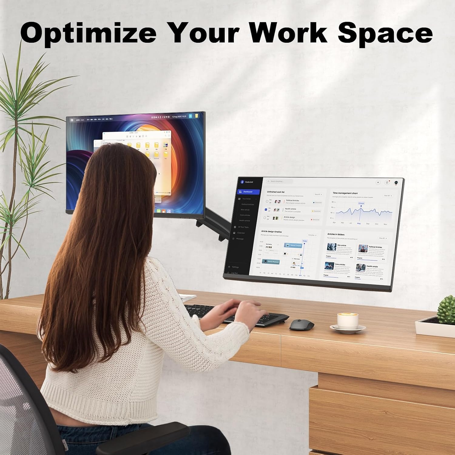 Monitorwandhouder, 2 monitoren voor 17-32 inch beeldscherm, monitorhouder, 2 monitoren, wand met in hoogte verstelbaar, kantelbaar, draaibaar, ondersteuning monitor tot 9 kg per arm, VESA 75 x 75/100