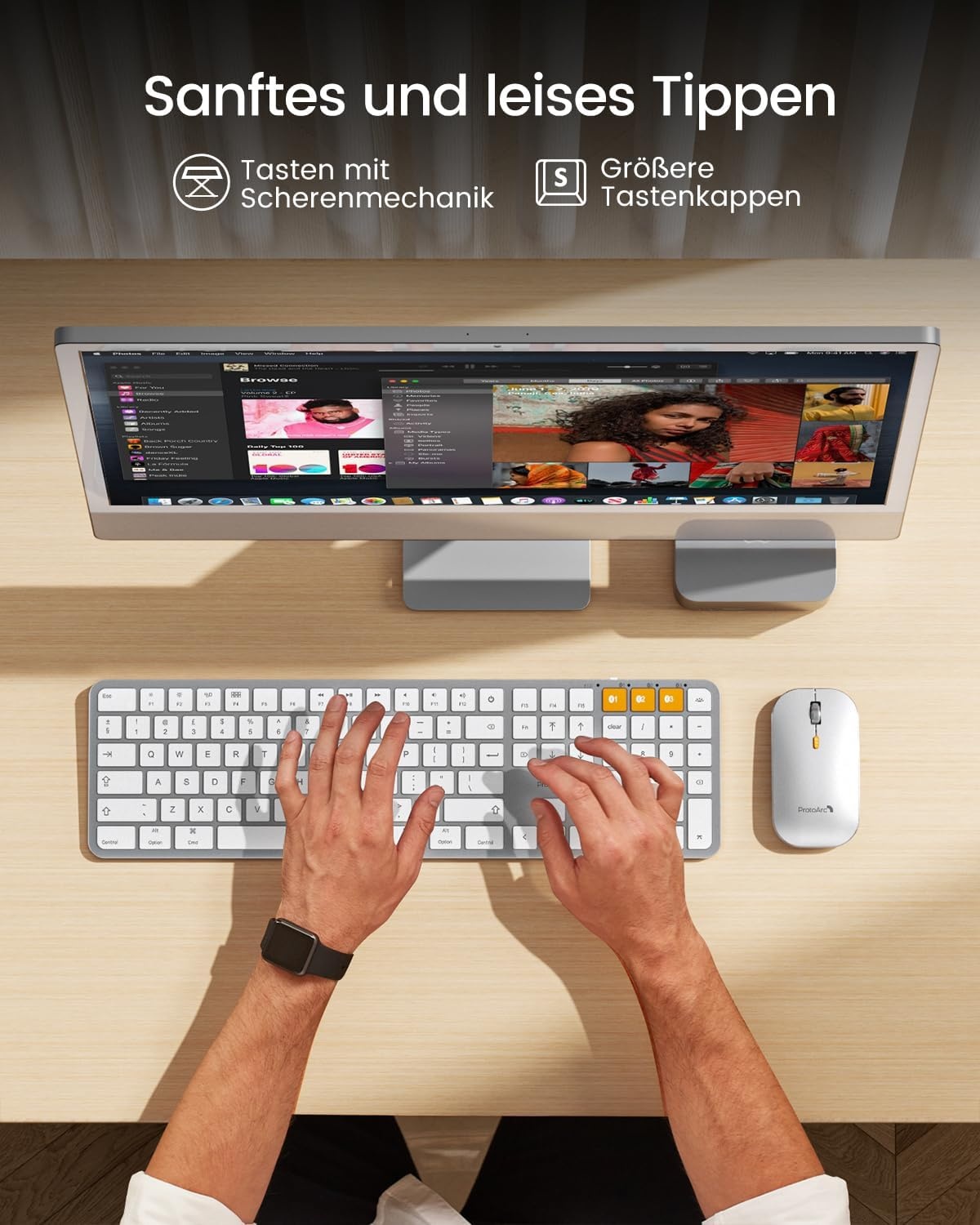 ProtoArc KM100-A Verlicht Draadloos Toetsenbord en Muis Set QWERTZ Wit voor Mac