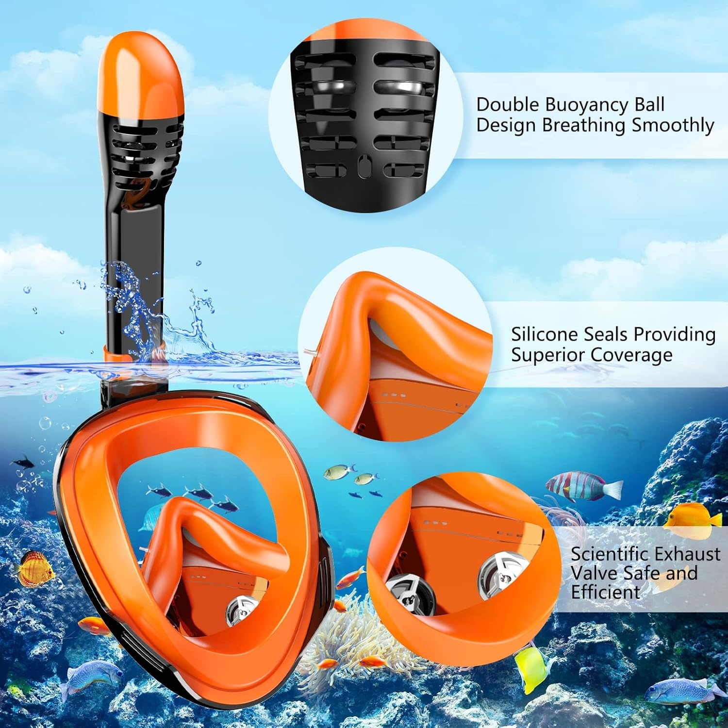 Seaview Snorkelmasker, volgelaatsmasker, 180 graden, snorkeluitrusting, duikmasker voor volwassenen en kinderen, anti-lek en anti-condens-snorkelset