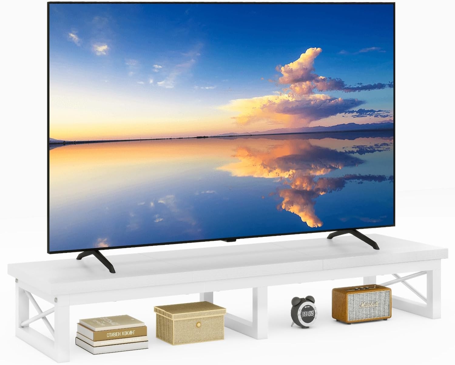 IBUYKE Tv-kast, tafel, televisietafel, 114 cm, met 2 lagers, tafelblad korte tv-standaard, voor televisies tot 60 inch, woonkamer, eetkamer en slaapkamer, wit TVT002W