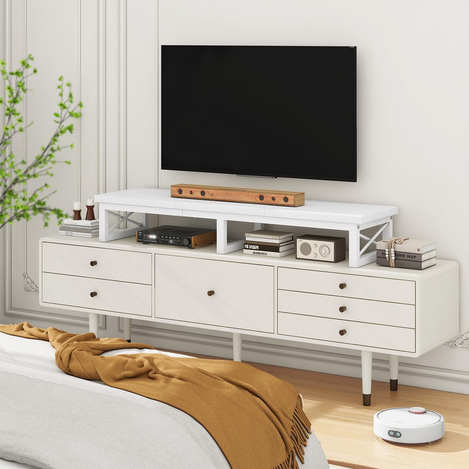 IBUYKE Tv-kast, tafel, televisietafel, 114 cm, met 2 lagers, tafelblad korte tv-standaard, voor televisies tot 60 inch, woonkamer, eetkamer en slaapkamer, wit TVT002W
