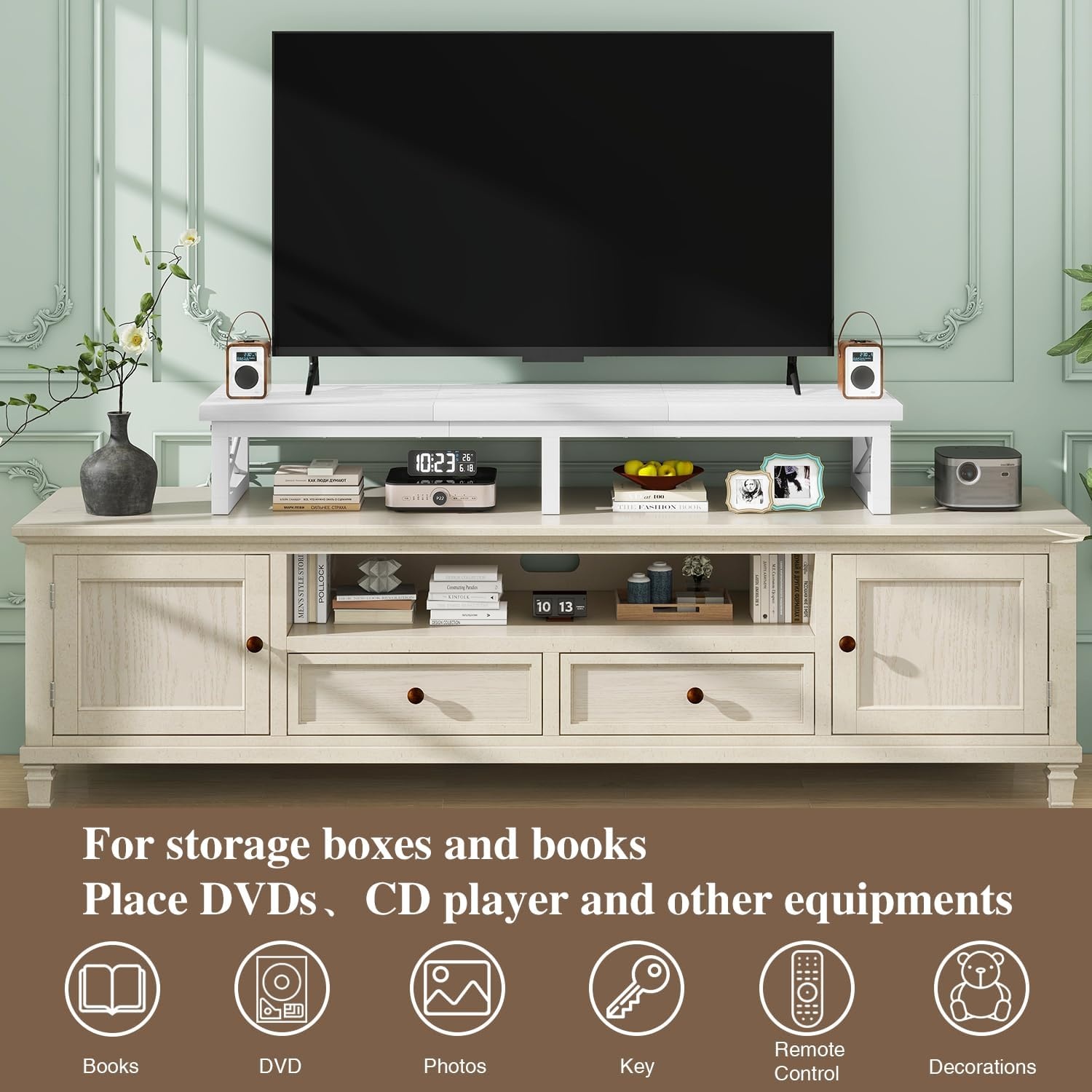 IBUYKE Tv-kast, tafel, televisietafel, 114 cm, met 2 lagers, tafelblad korte tv-standaard, voor televisies tot 60 inch, woonkamer, eetkamer en slaapkamer, wit TVT002W