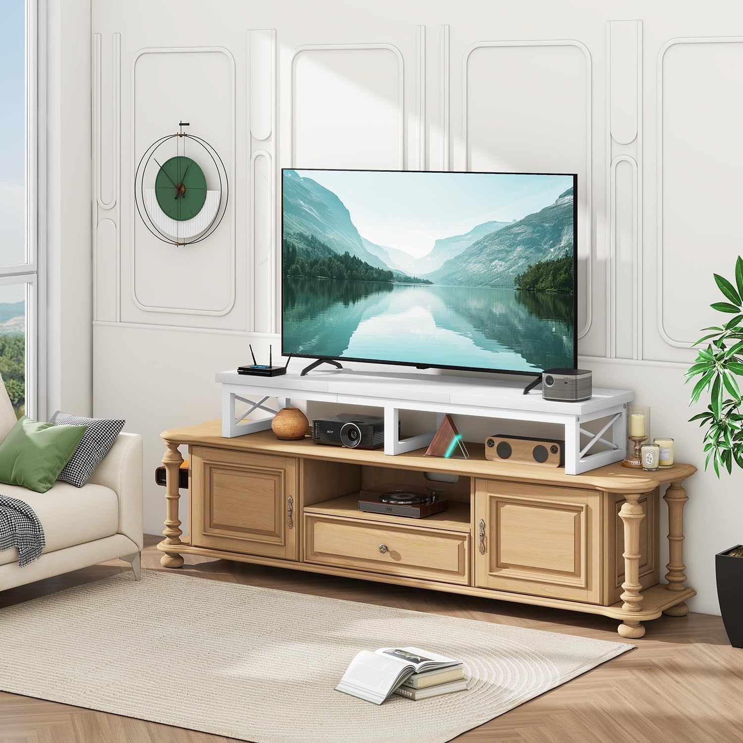 IBUYKE Tv-kast, tafel, televisietafel, 114 cm, met 2 lagers, tafelblad korte tv-standaard, voor televisies tot 60 inch, woonkamer, eetkamer en slaapkamer, wit TVT002W