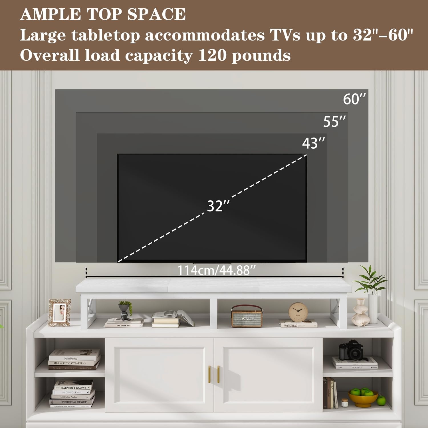 IBUYKE Tv-kast, tafel, televisietafel, 114 cm, met 2 lagers, tafelblad korte tv-standaard, voor televisies tot 60 inch, woonkamer, eetkamer en slaapkamer, wit TVT002W