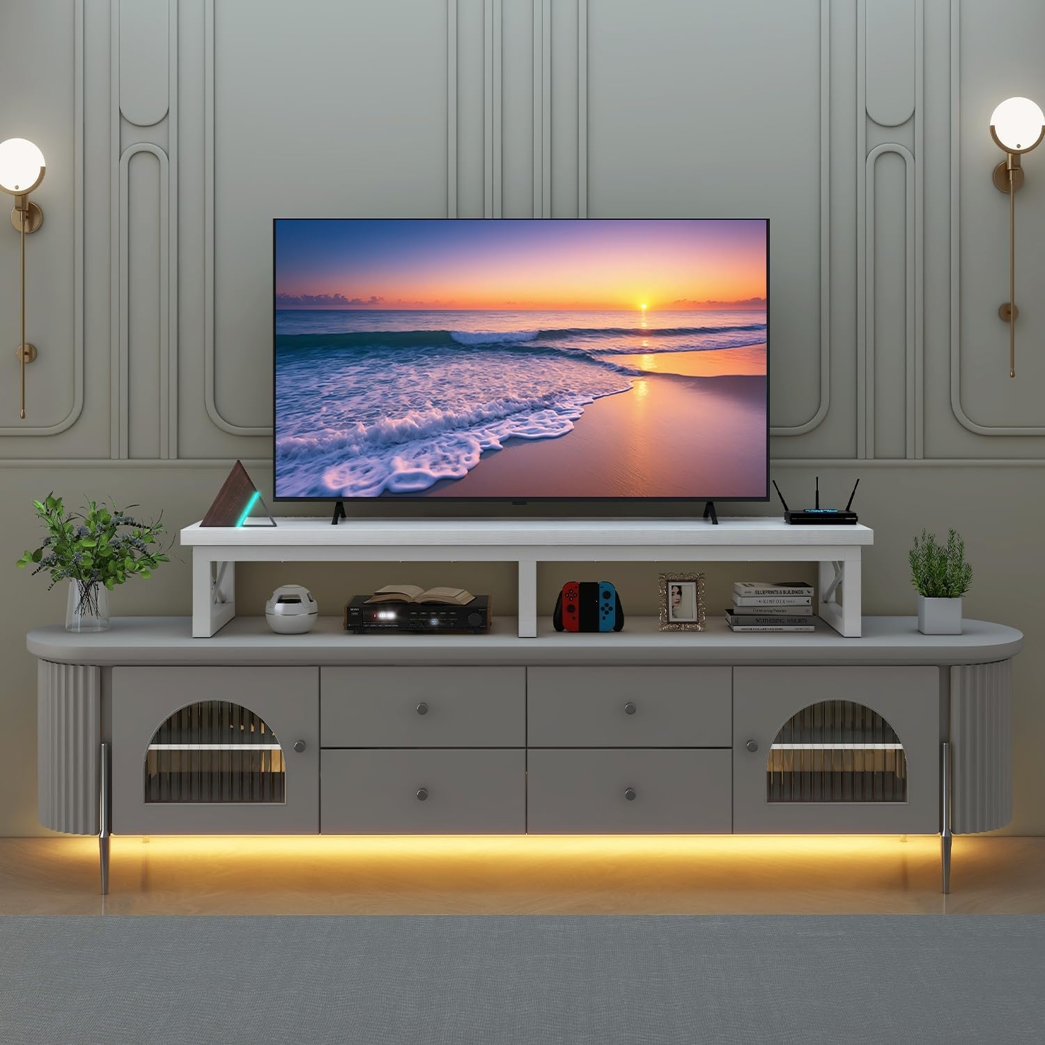 IBUYKE Tv-kast, tafel, televisietafel, 114 cm, met 2 lagers, tafelblad korte tv-standaard, voor televisies tot 60 inch, woonkamer, eetkamer en slaapkamer, wit TVT002W