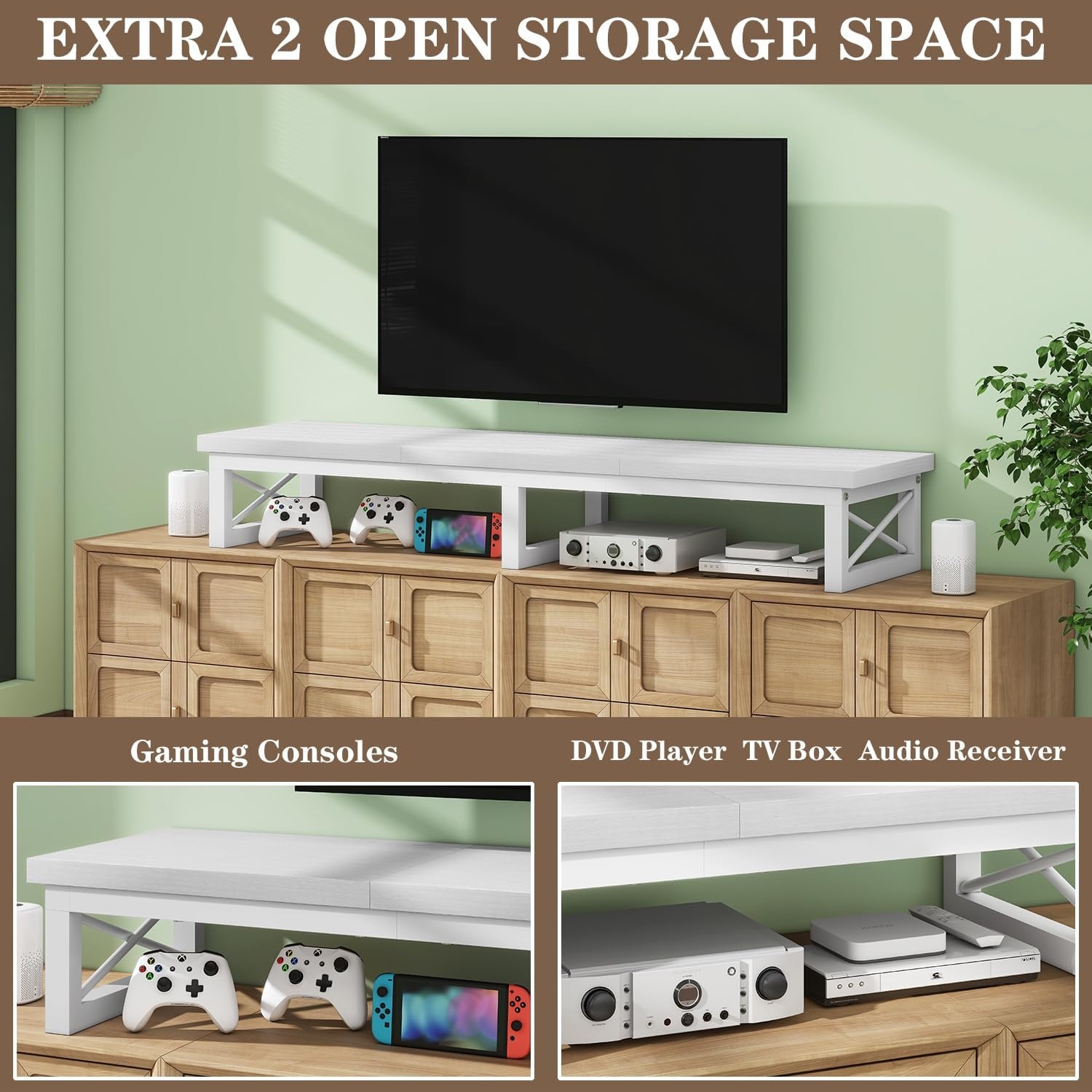 IBUYKE Tv-kast, tafel, televisietafel, 114 cm, met 2 lagers, tafelblad korte tv-standaard, voor televisies tot 60 inch, woonkamer, eetkamer en slaapkamer, wit TVT002W