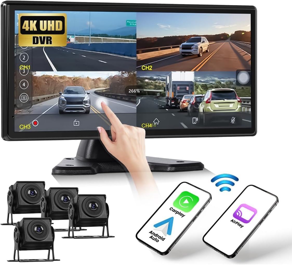CAMECHO DVR Achteruitrijcamera, auto, 4 camera's, set met 10,36 inch lcd-scherm, 4 kanalen monitor, ondersteuning 4K loop-opname, Carplay Android Auto FM Mirror Link Bluetooth en USB - Maat 10.36'' DVR Carplay+4 Kameras