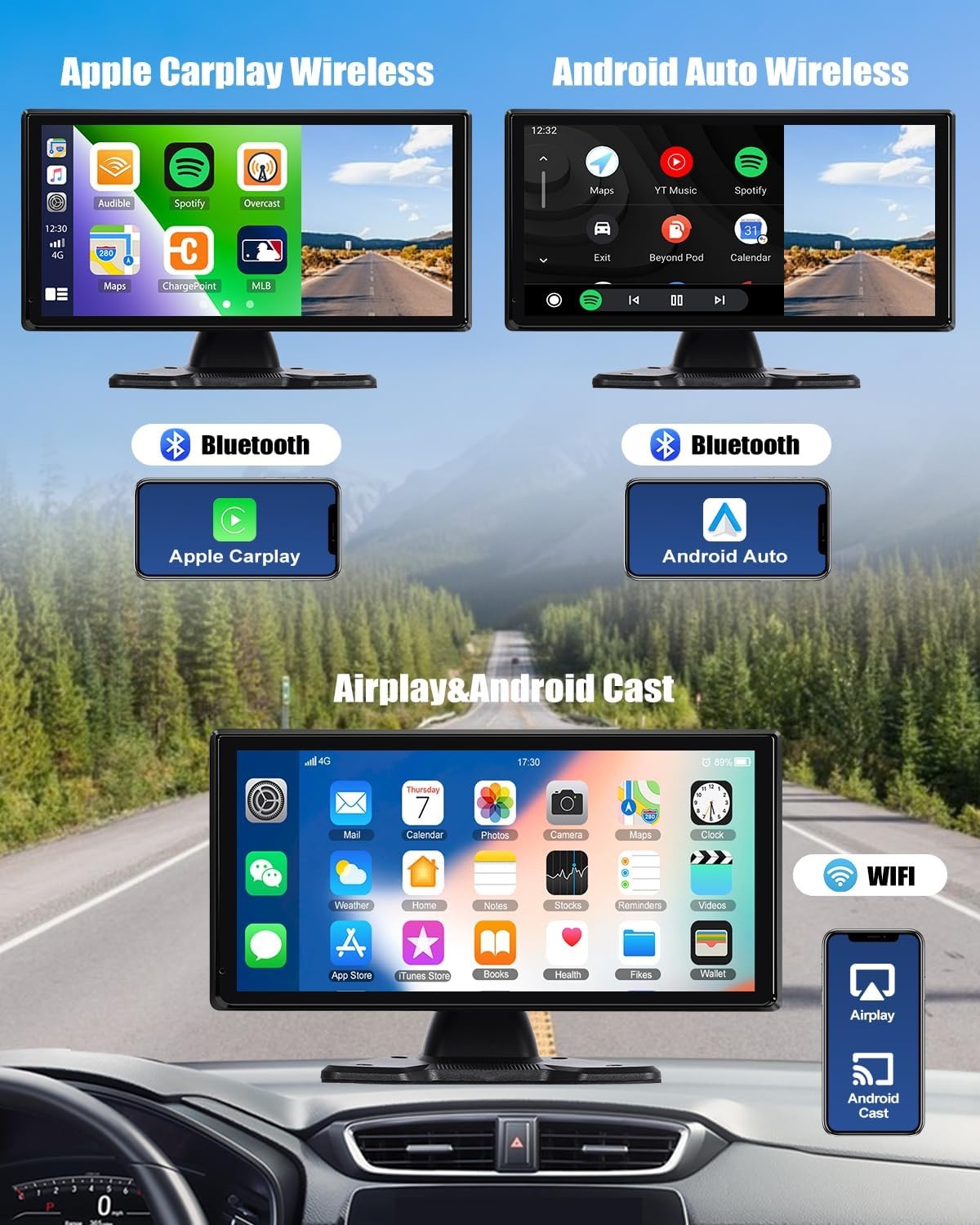CAMECHO DVR Achteruitrijcamera, auto, 4 camera's, set met 10,36 inch lcd-scherm, 4 kanalen monitor, ondersteuning 4K loop-opname, Carplay Android Auto FM Mirror Link Bluetooth en USB - Maat 10.36'' DVR Carplay+4 Kameras