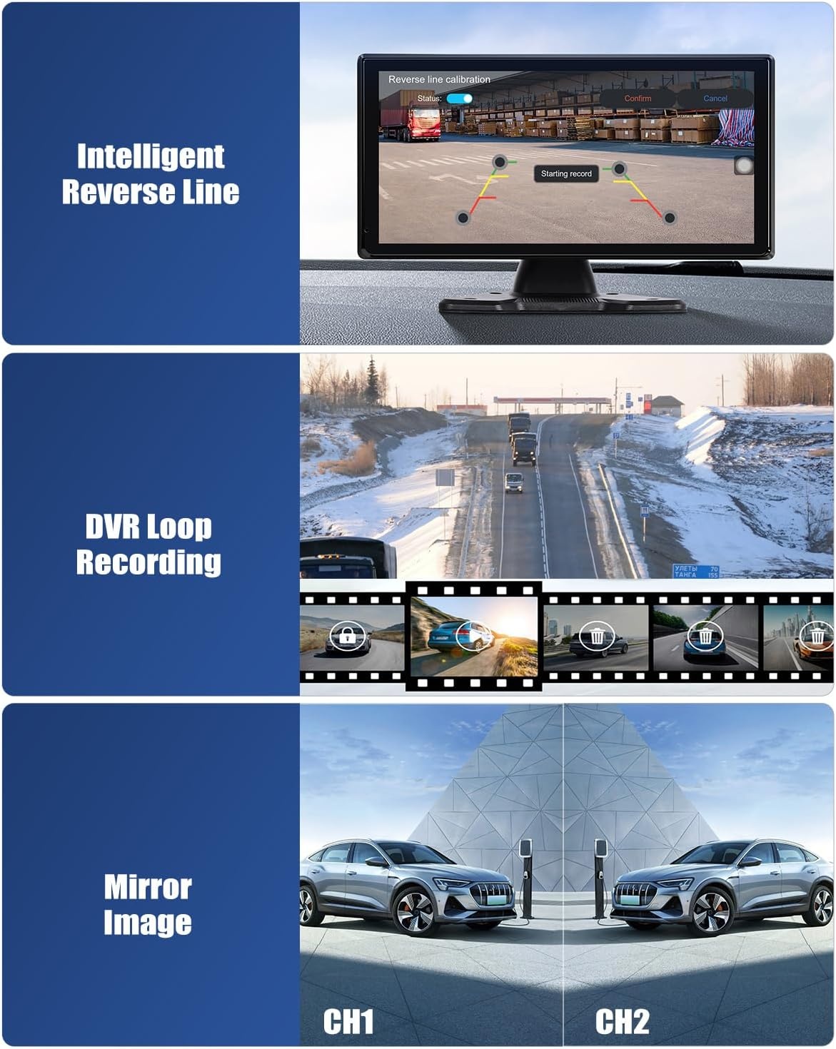 CAMECHO DVR Achteruitrijcamera, auto, 4 camera's, set met 10,36 inch lcd-scherm, 4 kanalen monitor, ondersteuning 4K loop-opname, Carplay Android Auto FM Mirror Link Bluetooth en USB - Maat 10.36'' DVR Carplay+4 Kameras
