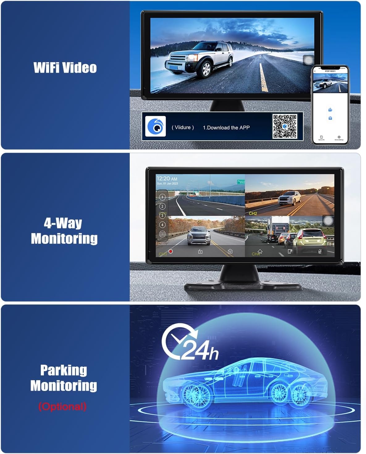 CAMECHO DVR Achteruitrijcamera, auto, 4 camera's, set met 10,36 inch lcd-scherm, 4 kanalen monitor, ondersteuning 4K loop-opname, Carplay Android Auto FM Mirror Link Bluetooth en USB - Maat 10.36'' DVR Carplay+4 Kameras