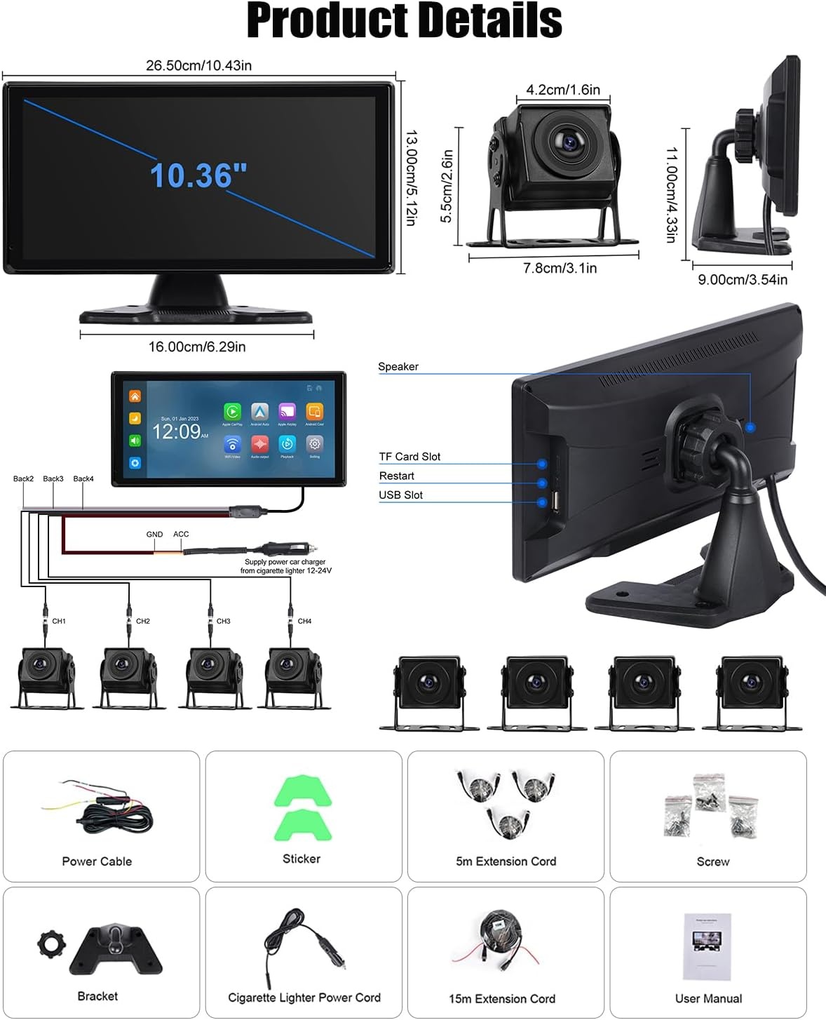 CAMECHO DVR Achteruitrijcamera, auto, 4 camera's, set met 10,36 inch lcd-scherm, 4 kanalen monitor, ondersteuning 4K loop-opname, Carplay Android Auto FM Mirror Link Bluetooth en USB - Maat 10.36'' DVR Carplay+4 Kameras