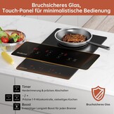Inductiekookplaat, 2 kookplaten, inbouwkookplaat, 3600 W, continue verwarming, booster, 9 standen, timer 1-99 min, automatische uitschakeling, kindervergrendeling, pansensor, matzwart