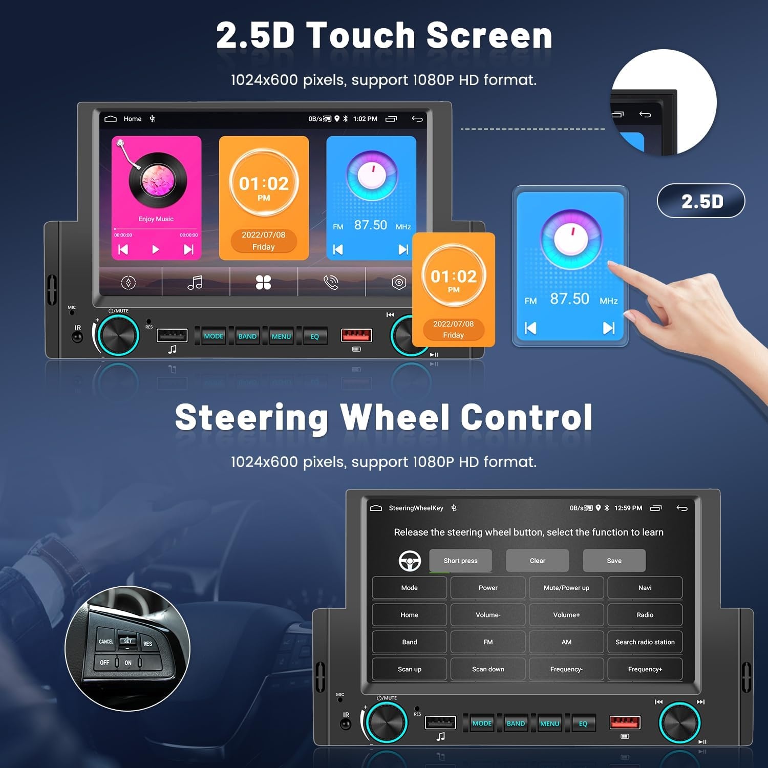 Hikity 1-DIN Autoradio met Android 13, Draadloze Apple CarPlay & Bluetooth - 6.2" Touchscreen, Zwart
