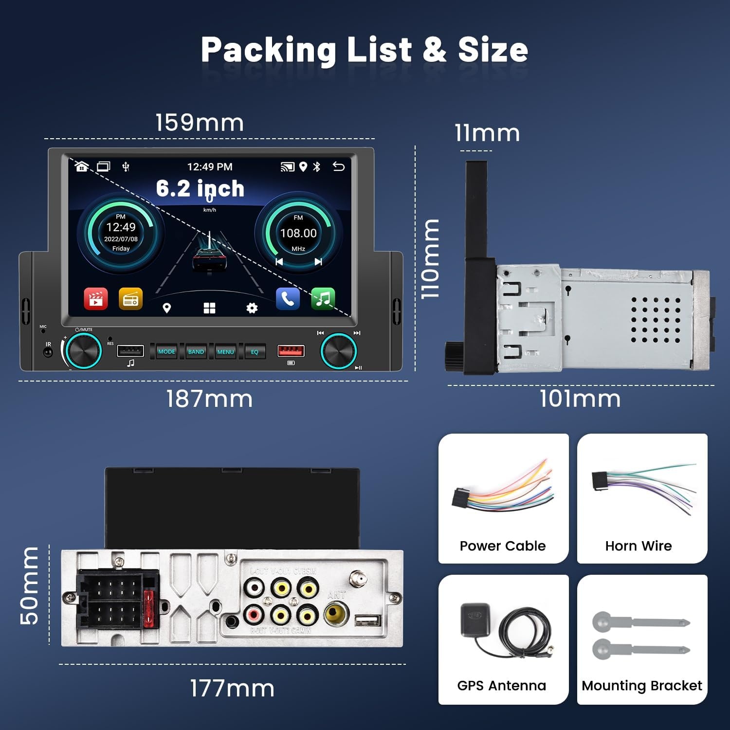 Hikity 1-DIN Autoradio met Android 13, Draadloze Apple CarPlay & Bluetooth - 6.2" Touchscreen, Zwart