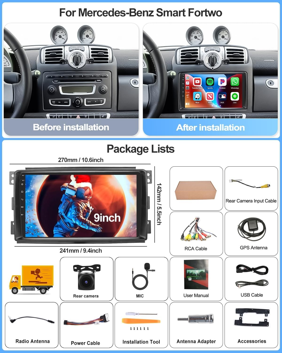 CAMECHO Android 12 Autoradio voor Mercedes-Benz Smart Fortwo (2005-2010) met 9 inch Touchscreen, Carplay & Android Auto