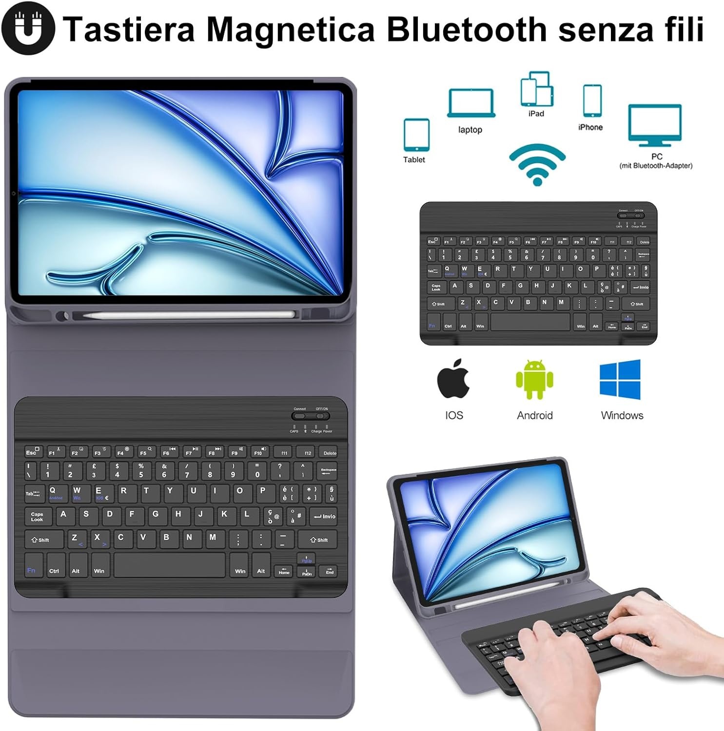 JADEMALL Toetsenbord iPad Air 11 M2 2024, toetsenbordhoes voor iPad Air 11 inch M2 2024, hoes met Italiaans QWERTY-toetsenbord afneembaar met pennenhouder voor iPad Air 11 2024, violet