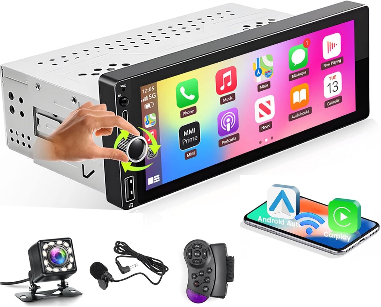 1 Din Autoradio Radio 6,9 Inch Aanraakscherm met Wireless Carplay Android Auto