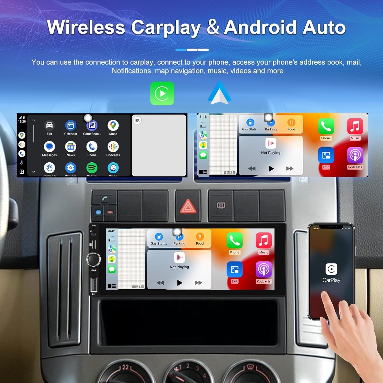 1 Din Autoradio Radio 6,9 Inch Aanraakscherm met Wireless Carplay Android Auto