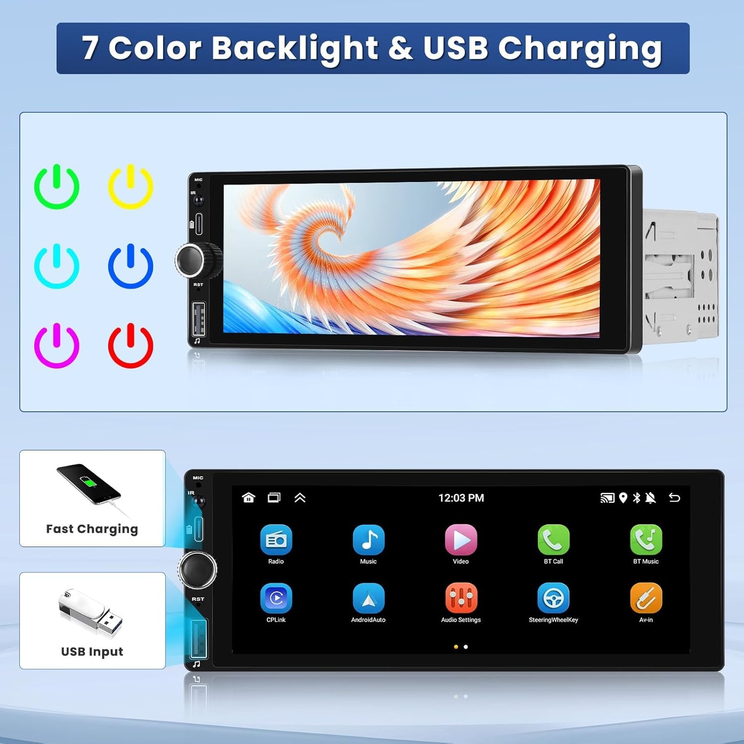 1 Din Autoradio Radio 6,9 Inch Aanraakscherm met Wireless Carplay Android Auto
