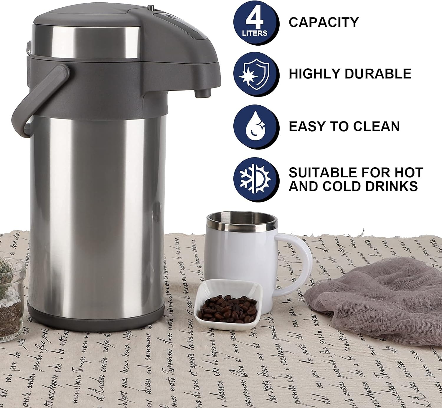 4,0 liter pompkannen, thermoskannen, koffiedispenser, roestvrij staal, dubbelwandige vacuüm-isoleerkan met pompmechanisme, koffiekaraf, kan voor 24 kopjes (zilver)