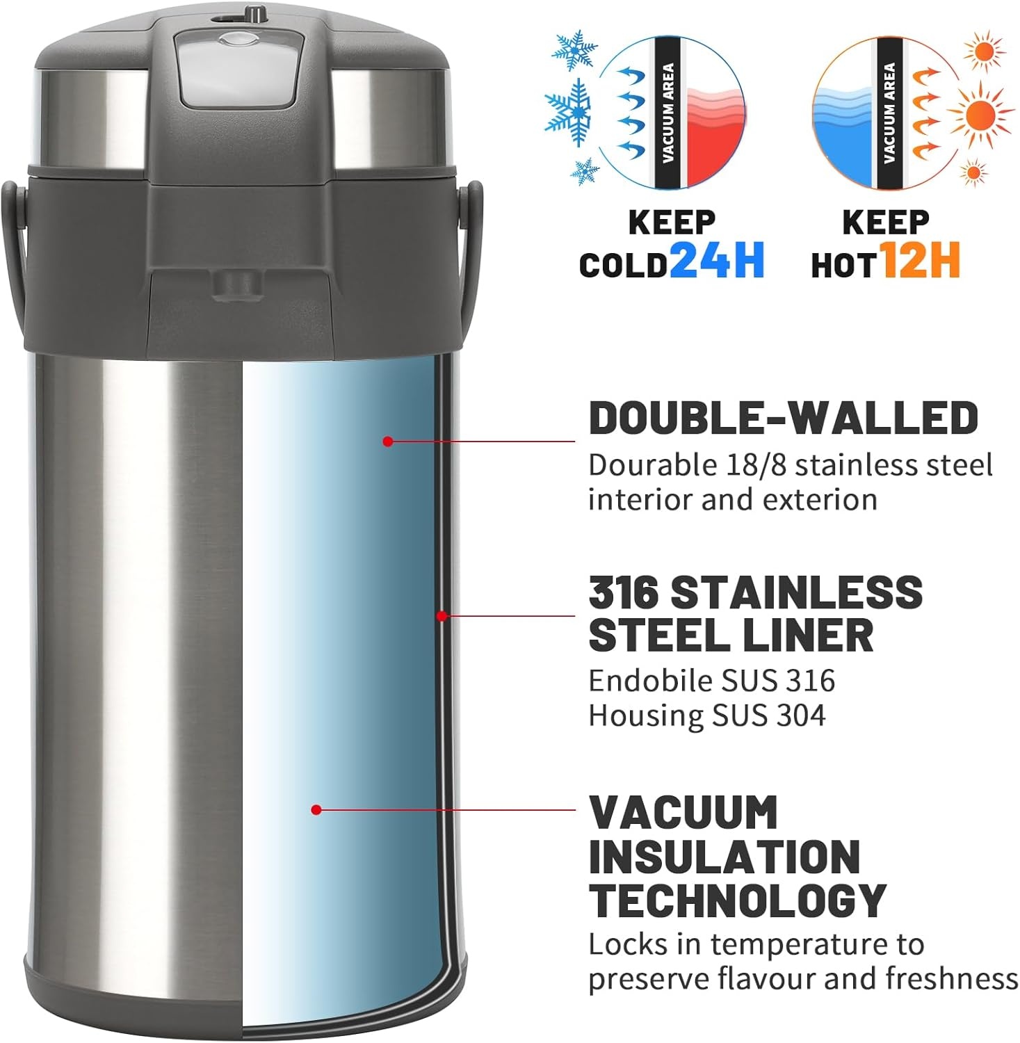 4,0 liter pompkannen, thermoskannen, koffiedispenser, roestvrij staal, dubbelwandige vacuüm-isoleerkan met pompmechanisme, koffiekaraf, kan voor 24 kopjes (zilver)