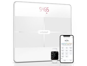 arboleaf Weegschaal voor personen, lichaamsanalyse, digitale weegschaal met app en 13 lichaamsmassa, 180 kg, bluetooth personenweegschaal voor BMI, lichaamsvet en spieren, eiwitten, BMR enz. (wit)