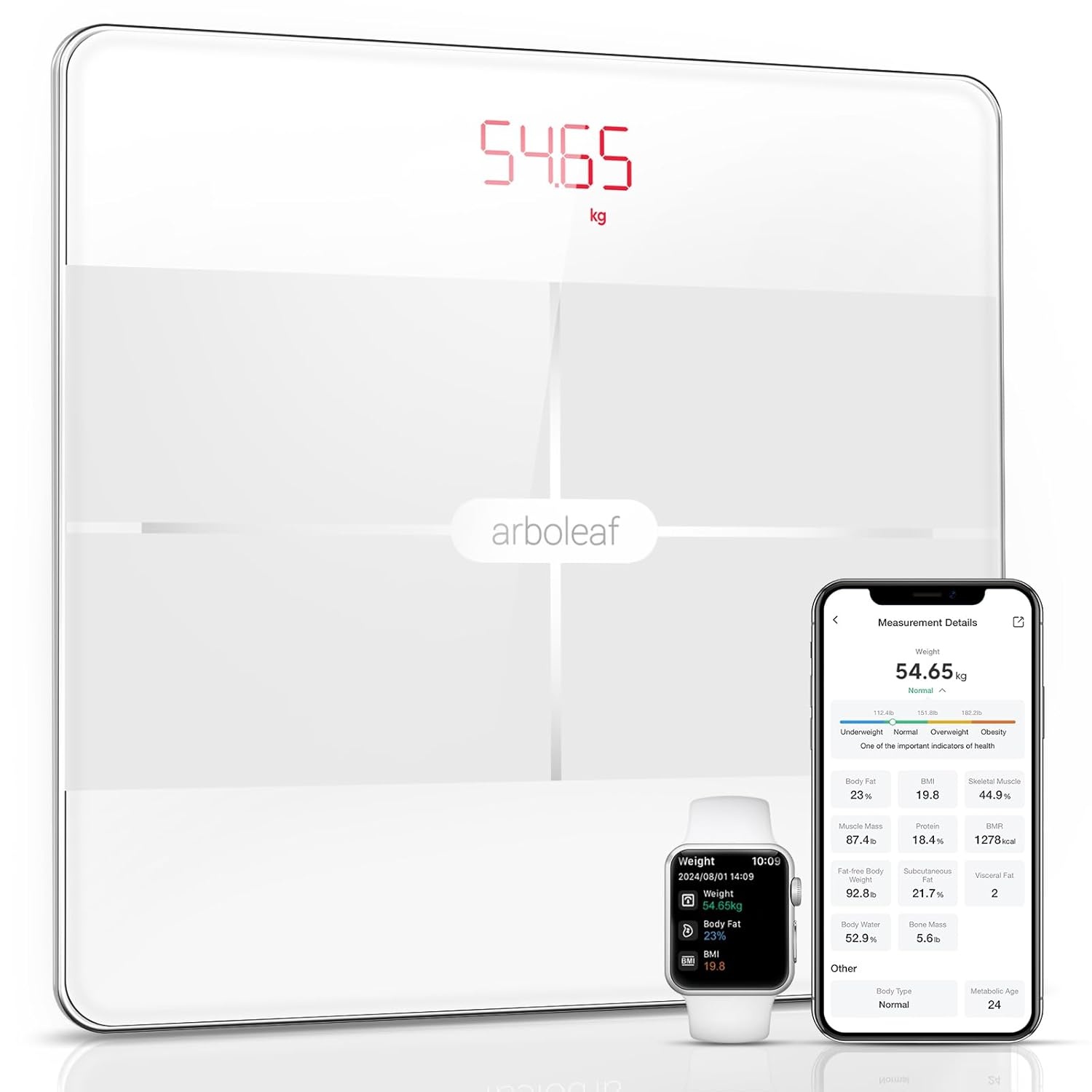 arboleaf Weegschaal voor personen, lichaamsanalyse, digitale weegschaal met app en 13 lichaamsmassa, 180 kg, bluetooth personenweegschaal voor BMI, lichaamsvet en spieren, eiwitten, BMR enz. (wit)