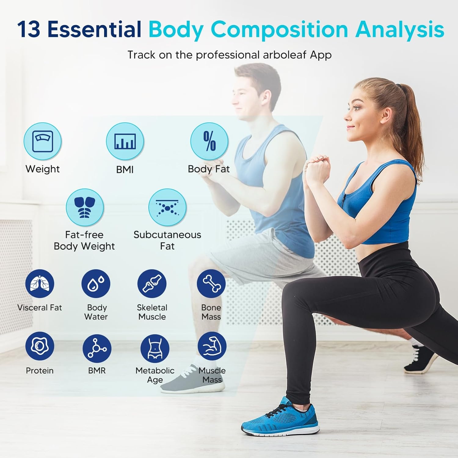 arboleaf Weegschaal voor personen, lichaamsanalyse, digitale weegschaal met app en 13 lichaamsmassa, 180 kg, bluetooth personenweegschaal voor BMI, lichaamsvet en spieren, eiwitten, BMR enz. (wit)