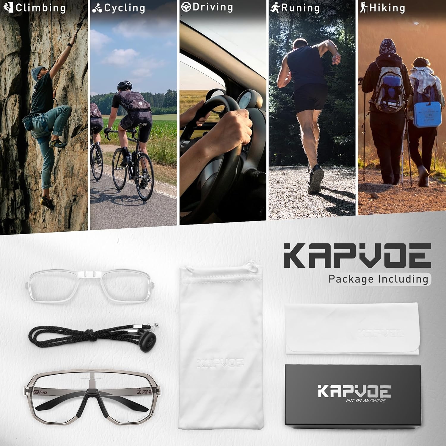 KAPVOE Fietsbril, zelfkleurend, zonnebril voor dames en heren, mountainbike, sportbril, uv-bescherming, voor snel fietsen, hardlopen, MTB-fietsen