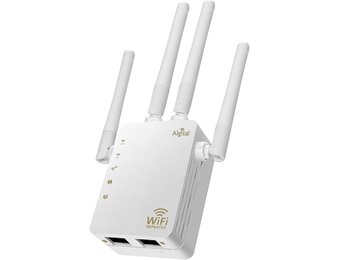 Wifi-repeater, wifi-versterker (AC1200 2,4GHz: 300 Mbit/s, 5GHz: 867 MBit/s), 4 x 3dBi externe antennes, WPS, led-display, WPA/WPA2, LAN-aansluiting, compatibel met alle WLAN-routers, wit