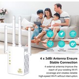 Wifi-repeater, wifi-versterker (AC1200 2,4GHz: 300 Mbit/s, 5GHz: 867 MBit/s), 4 x 3dBi externe antennes, WPS, led-display, WPA/WPA2, LAN-aansluiting, compatibel met alle WLAN-routers, wit
