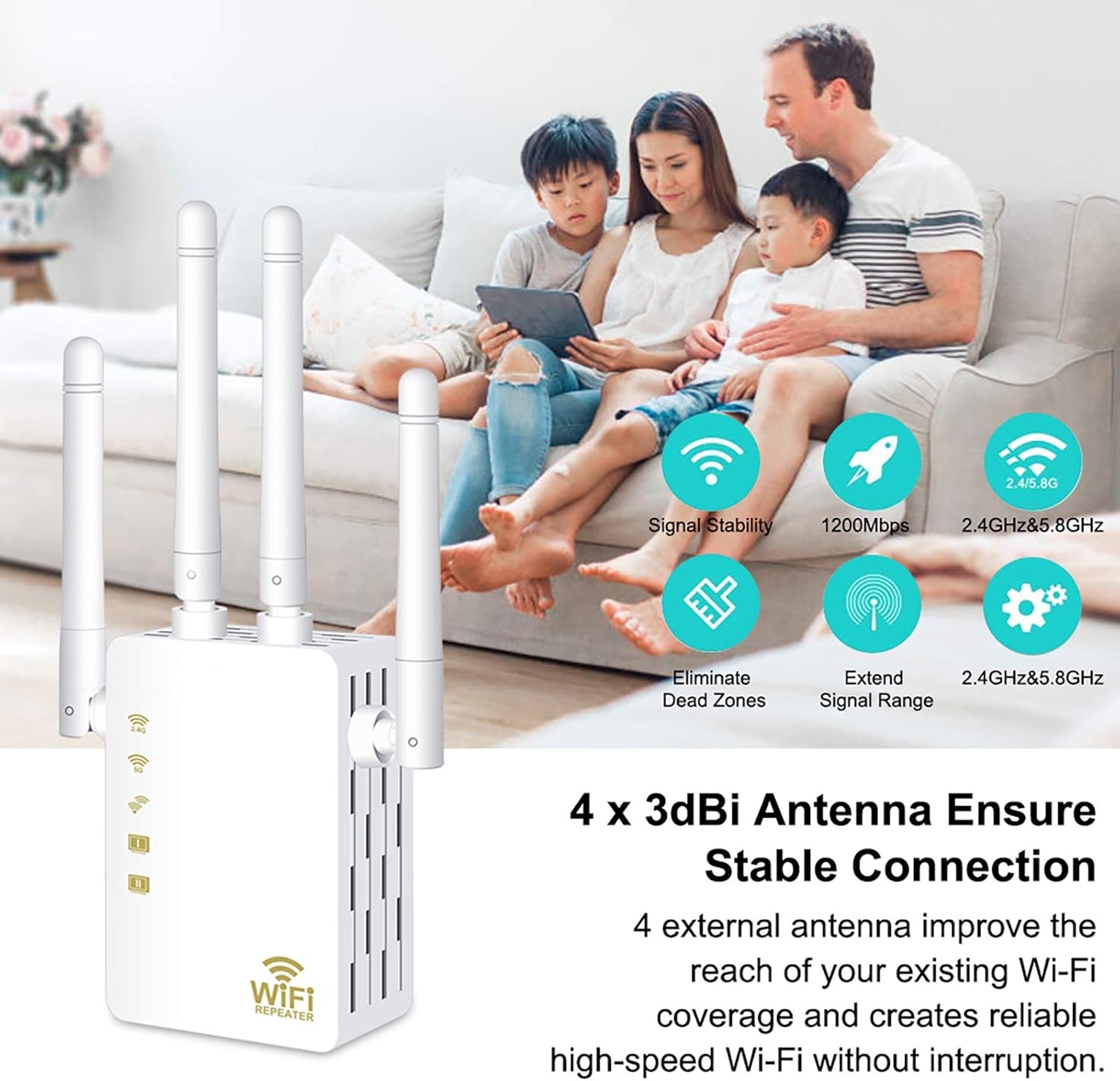 Wifi-repeater, wifi-versterker (AC1200 2,4GHz: 300 Mbit/s, 5GHz: 867 MBit/s), 4 x 3dBi externe antennes, WPS, led-display, WPA/WPA2, LAN-aansluiting, compatibel met alle WLAN-routers, wit