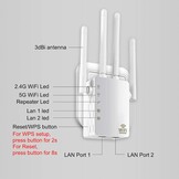 Wifi-repeater, wifi-versterker (AC1200 2,4GHz: 300 Mbit/s, 5GHz: 867 MBit/s), 4 x 3dBi externe antennes, WPS, led-display, WPA/WPA2, LAN-aansluiting, compatibel met alle WLAN-routers, wit