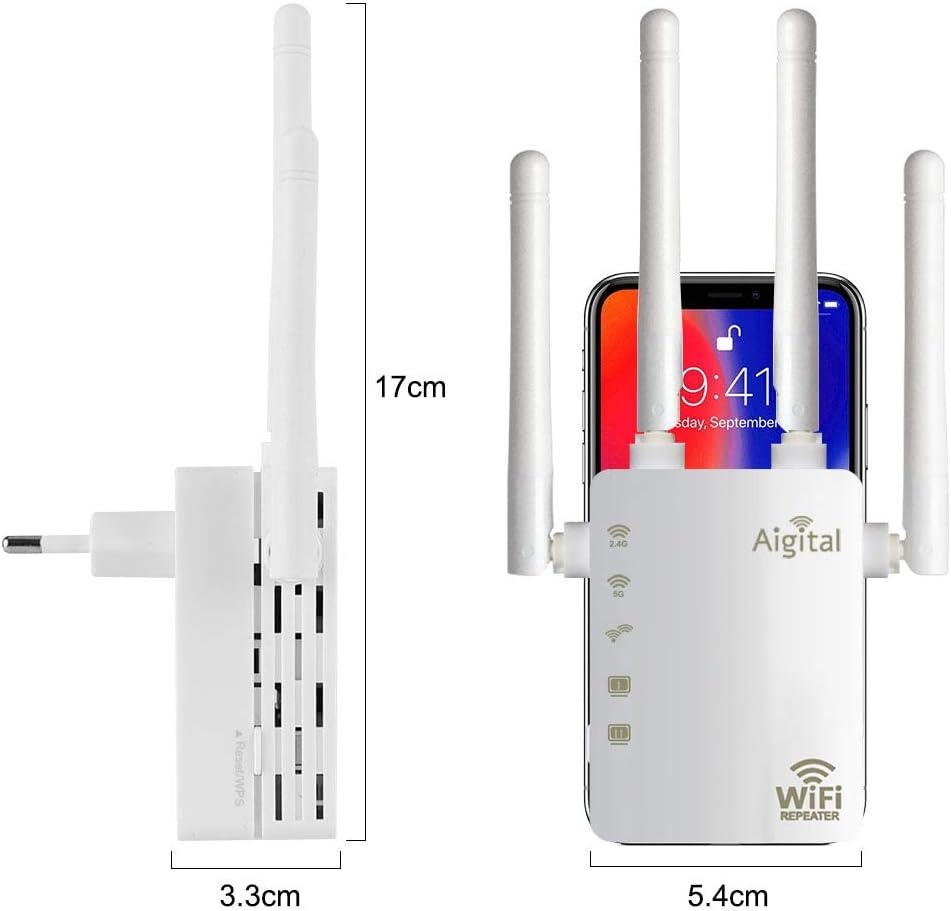 Wifi-repeater, wifi-versterker (AC1200 2,4GHz: 300 Mbit/s, 5GHz: 867 MBit/s), 4 x 3dBi externe antennes, WPS, led-display, WPA/WPA2, LAN-aansluiting, compatibel met alle WLAN-routers, wit