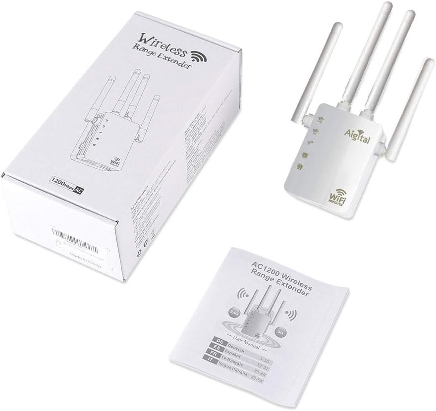 Wifi-repeater, wifi-versterker (AC1200 2,4GHz: 300 Mbit/s, 5GHz: 867 MBit/s), 4 x 3dBi externe antennes, WPS, led-display, WPA/WPA2, LAN-aansluiting, compatibel met alle WLAN-routers, wit