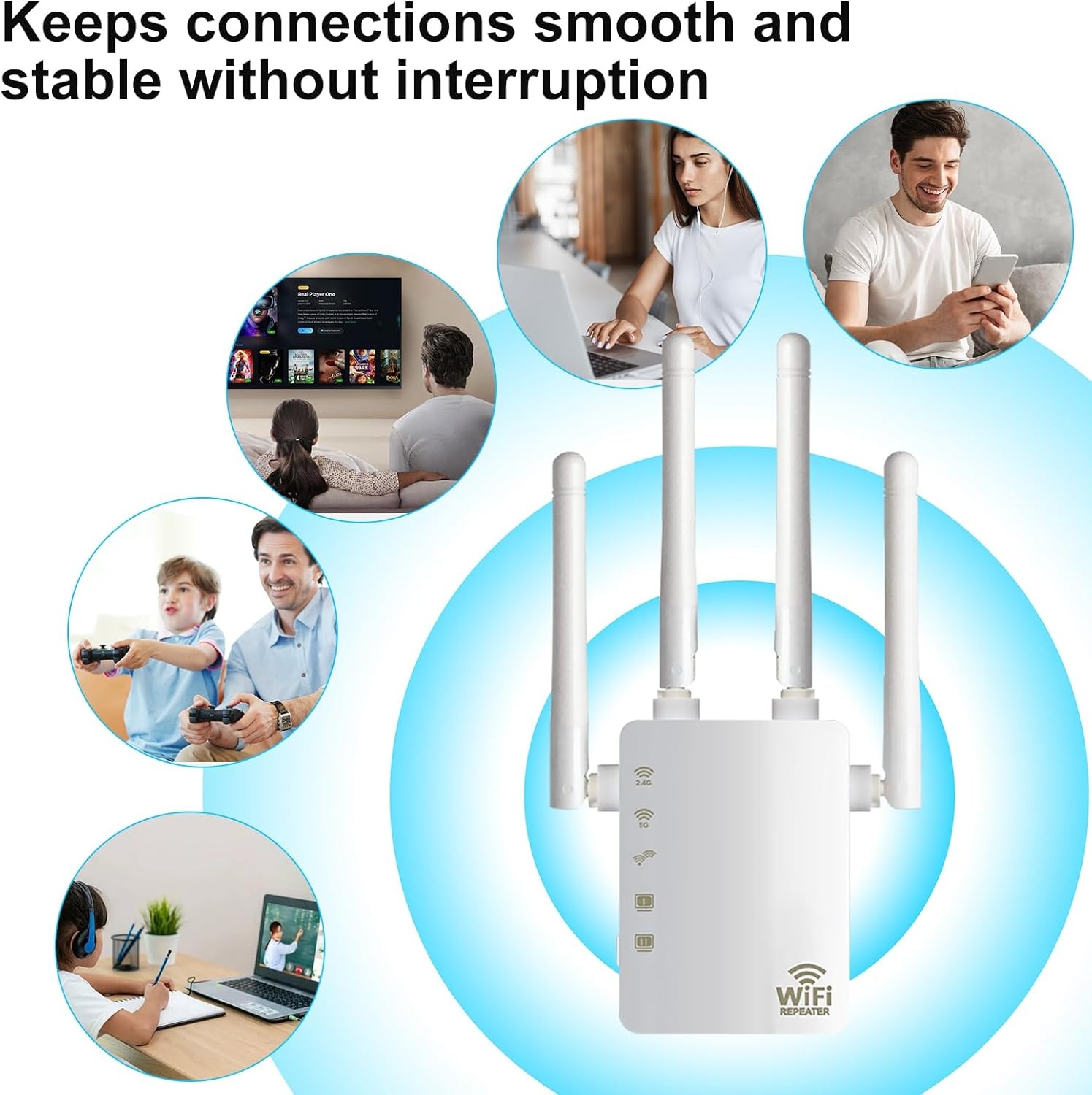 Wifi-repeater, wifi-versterker (AC1200 2,4GHz: 300 Mbit/s, 5GHz: 867 MBit/s), 4 x 3dBi externe antennes, WPS, led-display, WPA/WPA2, LAN-aansluiting, compatibel met alle WLAN-routers, wit