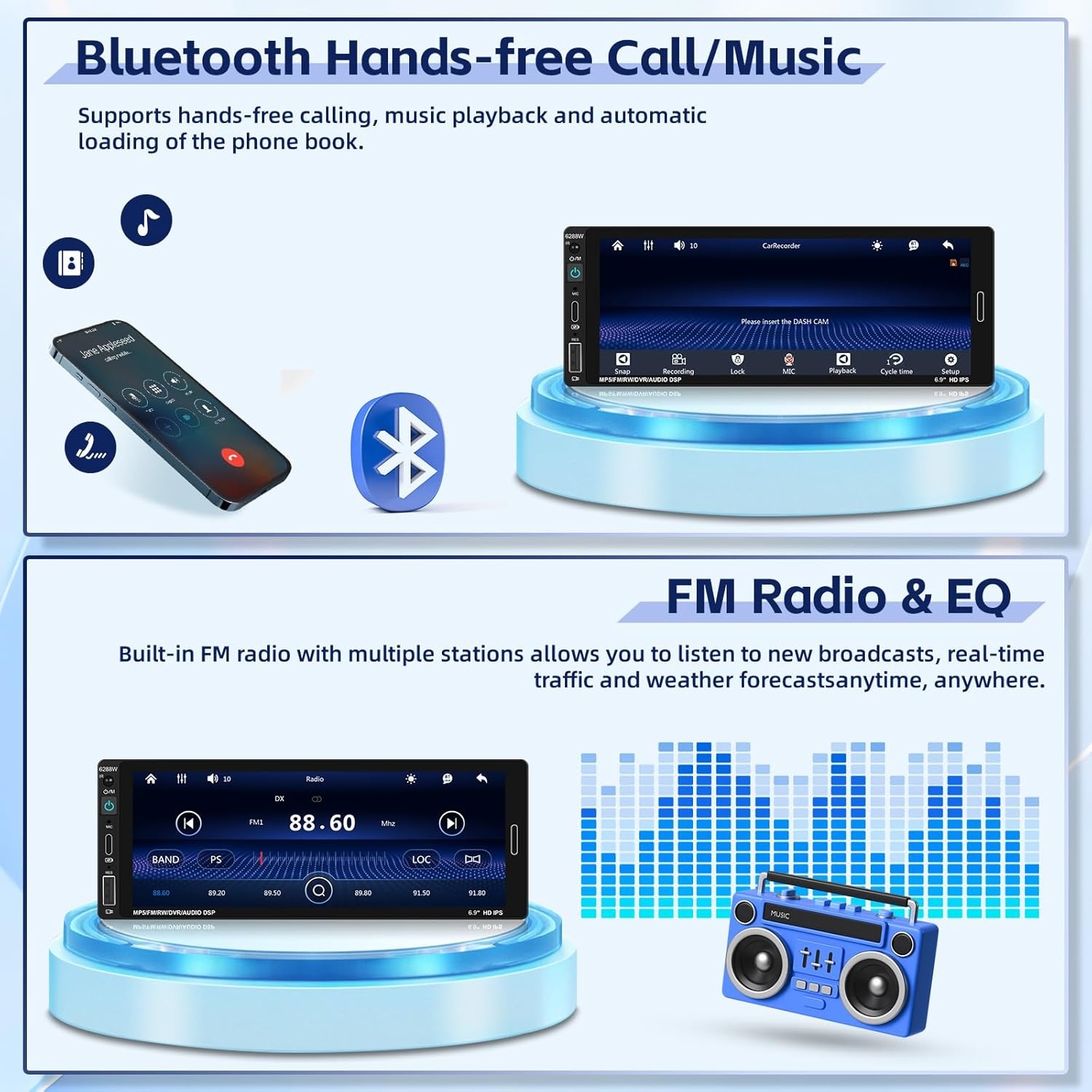 1 Din Radio 6,9 Inch Aanraakscherm Autoradio met Wireless Carplay Android Auto
